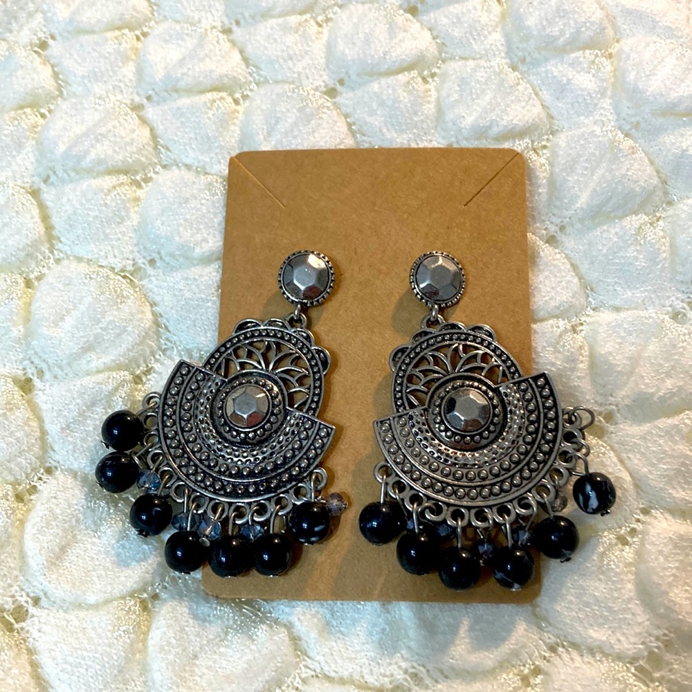 Boho Earrings silver toned peirced earrings black accents boho